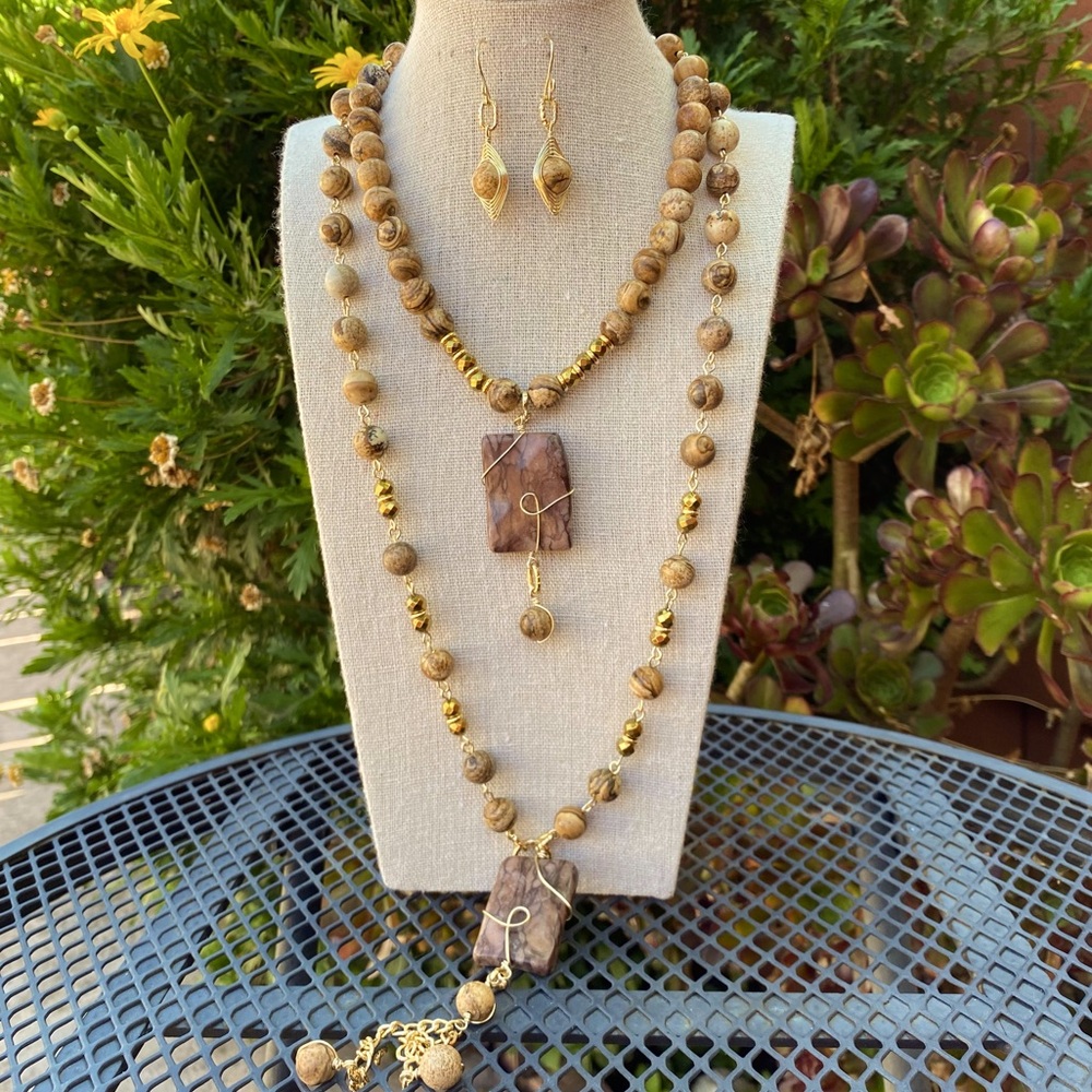 Handcrafted natural stone double layered necklace and earrings
